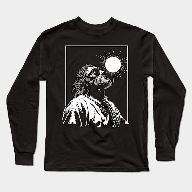 Silhouette of Jesus Wearing Glasses Looking Up at Solar Eclipse Long Sleeve T-Shirt by TeeTrendz